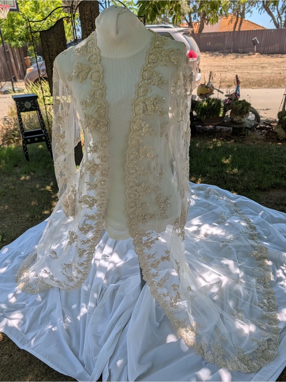 David's Bridal Ivory Sheer Long Sleeve Lace Cover-Up with Gold Embroidery